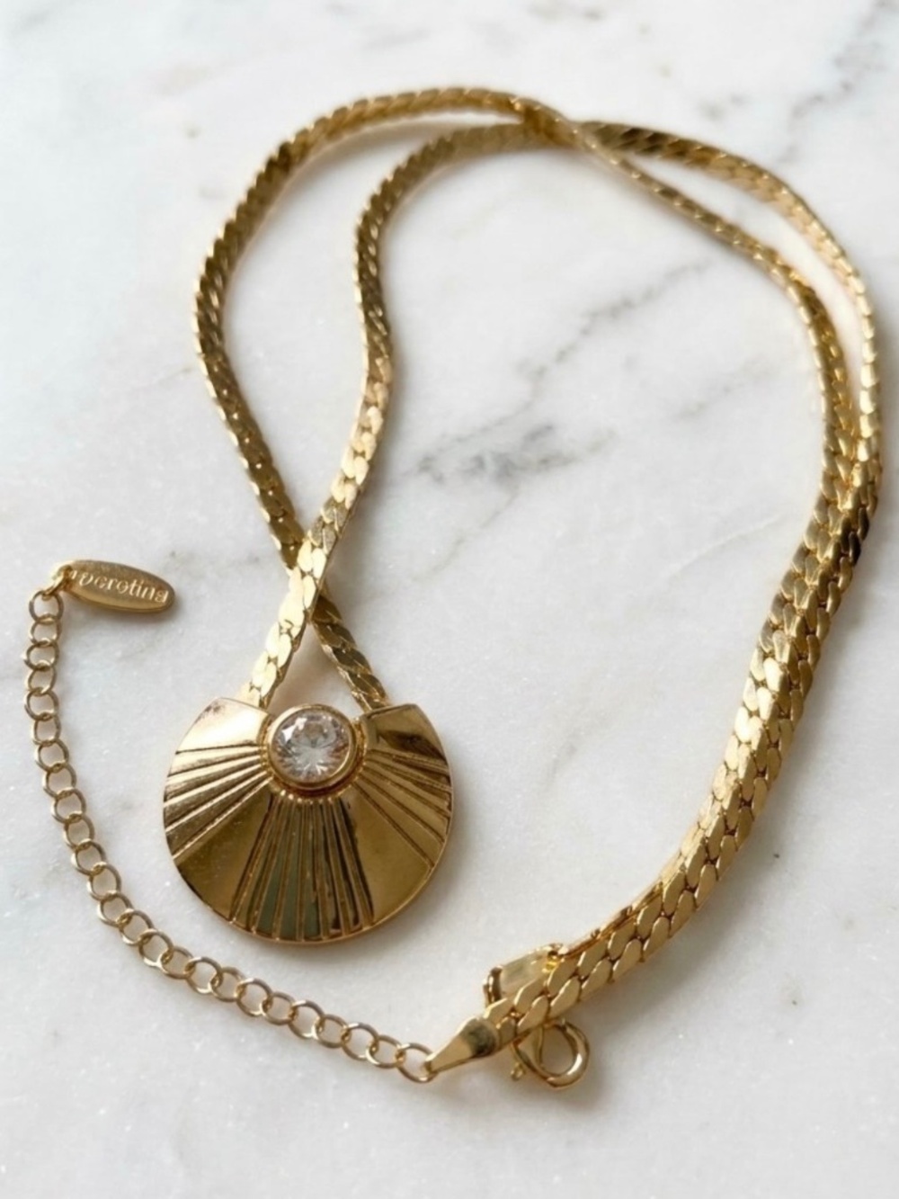 Serafina Gold Art Deco Anthro Sunburst Fan Crossed Chain Herringbone Necklace